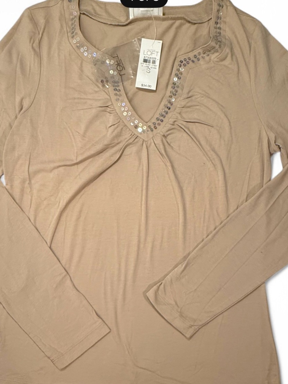 LOFT Tan Long Sleeve V-Neck Top with Sequin Trim